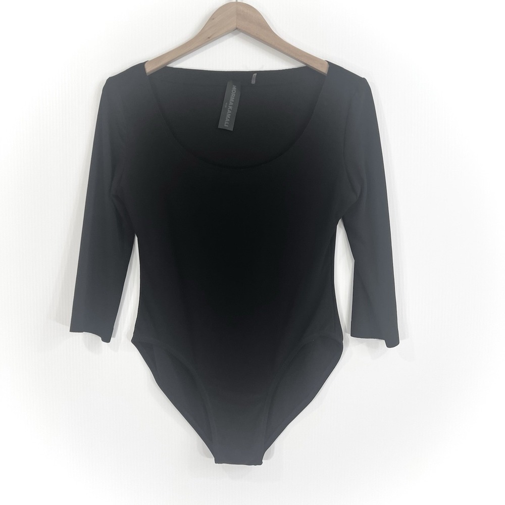Norma Kamali Scoop Neck‎ Bodysuit Size M 38 Black Raw Edge Minimalist Capsule